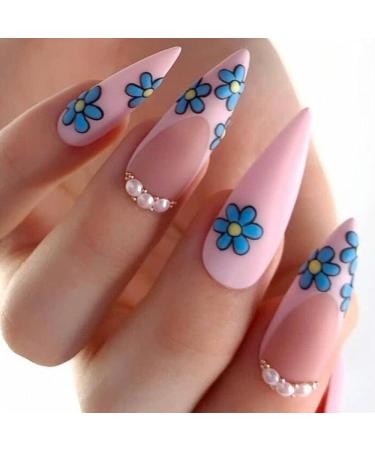 French Tip Press on Nails - Long style droplet shaped fake nailsPress On Nails with Nail Tips Blue small flower studded diamond false nails press on nails Acrylic False Nails Cute Artificial Nails
