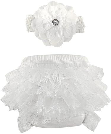 EQLEF Ruffle Bloomers Lace Nappy Cover Frilled Knickers Girls Headband Set for Baby Photography Prop Costume 1-3 Years White