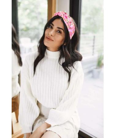Vintage Pearl Print Crystal Knotted Headband - Cherry Pink Floral Hair Band - Buy Online on GoSupps.com