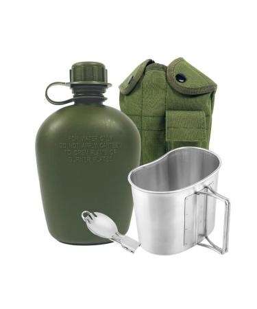 BeGrit Military Canteen, Army Canteen Aluminum Cup Kit and Cover with Stainless Steel Foldable Spoon Fork for Hiking Camping, 1 Quart Canteen Kit without Belt
