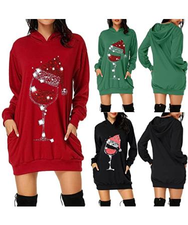 Yck-SAiWed Womens Sweatshirts Dresses Ugly Christmas Wine Glass Print Hoodie Print Long Sleeve Mini T-Shirt Dress with Pocket Green Medium
