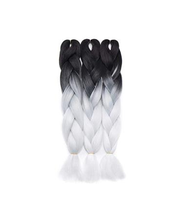 3 Pieces Braiding Hair Extension Ombre Synthetic Crochet Twists 24" Inches Hair Braids Heat-Resistant - Black to White(Weight:300g)