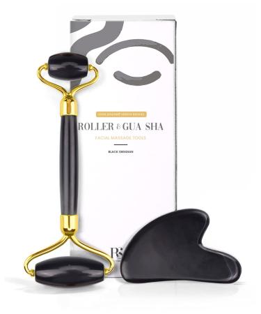 Gua Sha & Face Roller Jade Roller for Face Healing Crystal Facial Skin Care Tools - Self Care Gifts for Women Natural Skincare Massager Relieve Muscle Tensions Reduce Puffiness (Black)