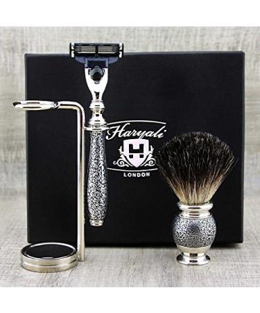 Men's Grooming & Shaving Kit | 3 Edge Razor Black Badger Hair Brush Stand & Alum Pencil | Perfect Grooming Set for Men - Buy Online on GoSupps.com