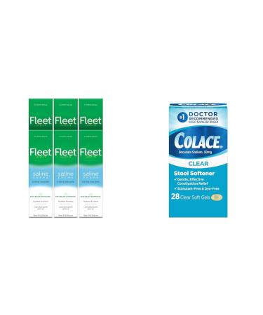 Fleet Laxative Saline Enema 7.8 Fl Oz (Pack of 6) & Colace Clear Stool Softener Soft Gel Capsules Constipation Relief 50mg Docusate Sodium Doctor Recommended 28ct Bundle