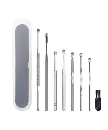 8 Pcs Ear Pick Earwax Removal Kit Ear Cleaner Tool Set for Humans Kids Adults Stainless Steel Ear Curette Digger & Tweezers & Spiral Spring Ear Spoon Set with Cleaning Brush and Storage Box
