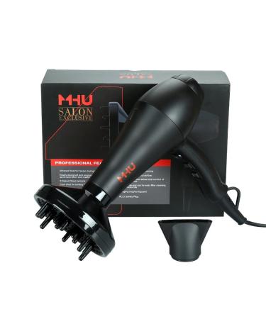 MHU 2nd Generation Pro Salon 1875W Fast Drying Hair Dryer Low Noise Ionic Ceramic Blow Dryer 2 Speed and 3 Heat Settings Ac Infrared Heat with Concentrator & Diffuser Black