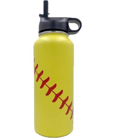 32 oz Softball Water Bottle, Flask Sports with 2 Lids 18/8 Stainless Steel  Tumbler Double Wall Vacuum Insulated Hot/Cold (32oz, Yellow Softball)