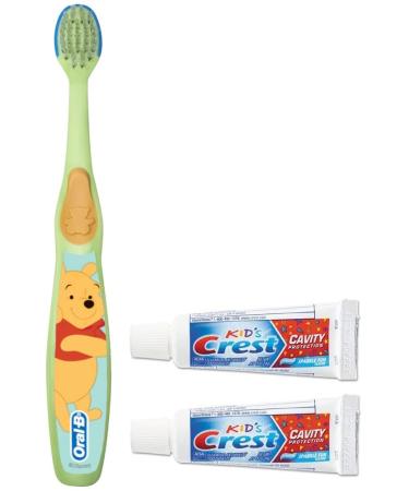 Oral-B Baby Manual Toothbrush Pooh Characters 0-3 Years Old Extra Soft (Characters Vary) - 1 Count & Crest Kids Cavity Protection Toothpaste Sparkle Fun Size 0.85oz (24g) - Pack of 2