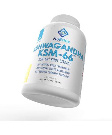 NuEthix Formulations Ashwagandha KSM 66 500mg of KSM-66 Root Extract Mood Stress & Cognitive Support BioPerine Black Pepper Extract Gluten Free Vegetarian Non-GMO & Dairy Free 60 Servings - Buy Online on GoSupps.com