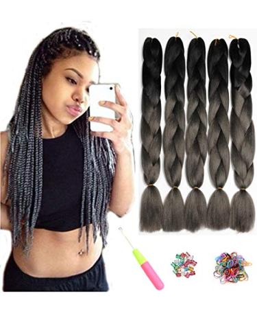 Showjarlly jumbo braid artificial hair hair ombre braid extension 24 inch KanCalon hair braid extensions 5 pieces for crochet twist lichen hair box braid for braid black/dark gray# 61cm-24 inch (5 pack) black/dark gray