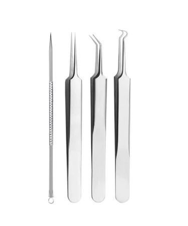 4 pcs Blackhead Remover Comedone Extractor Acne Clip Curved Blackhead Tweezers Kit Professional Stainless Pimple Acne Blemish Removal Tools Kit (Acne 4-Piece Set)
