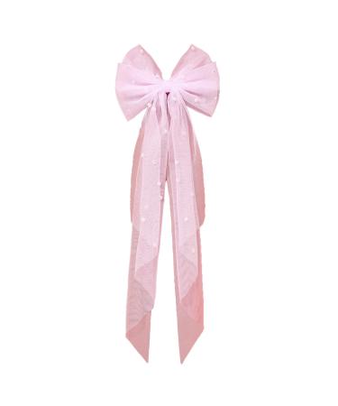 aoozleny Bridal Hair Bow Veil Hair Clip Veil Hairpins with Pearl Mesh Bow Hair Clips (Pink)