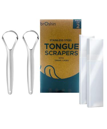 broshin set of 2 stainless steel tongue scrapers for antibacterial tongue cleaning and reducing bad breath including travel cases