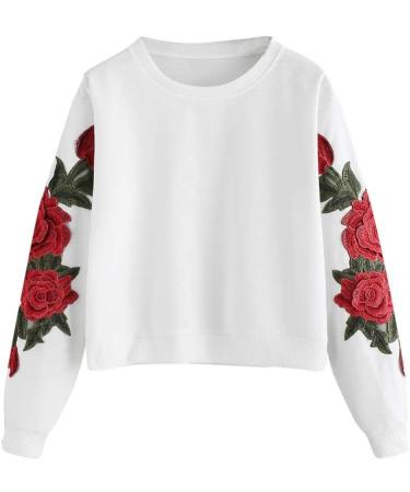 Bigfanshu Women's Sweatshirt Long Sleeve Blouse Rose Embroidery Applique O-Neck Pullover Top Kawaii Clothes White Large - Buy Online on GoSupps.com