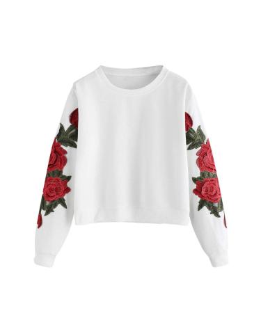 Bigfanshu Women's Sweatshirt Long Sleeve Blouse Rose Embroidery Applique O-Neck Pullover Top Kawaii Clothes White Large