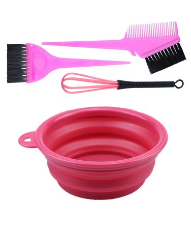 4PCS Hair Dye Kit Includes Hair Tinting Bowl Dyeing Brushes Sharp Tail Comb Mixer for DIY Hair Coloring Beauty Salon Tools Set Pink