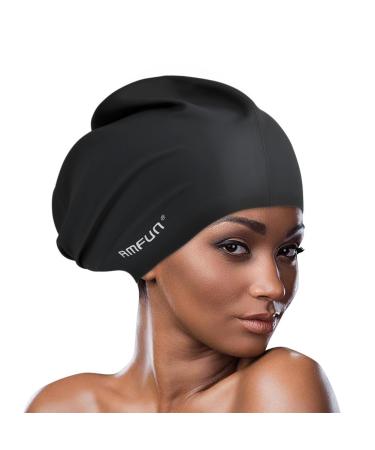 Amfun bathing cap for long hair extra large bathing cap women silicone bathing cap women and men bath cap for dreadlocks hair extensions braids Afro Haarwebart black