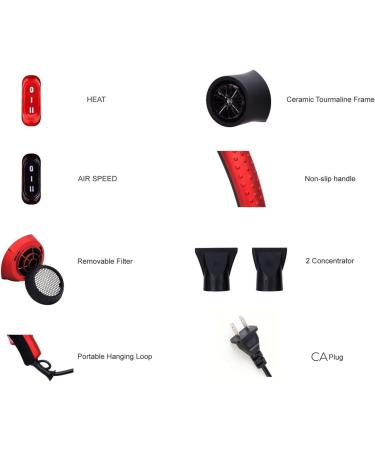CHJPRO Professional Salon Hair Dryer AC 2100W Ceramic Tourmaline Ionic Blow Dryer with Hot-Cold Heat Setting for Home & Salon 2 Concentrators CA Plug(Black and Red Stitching) - Buy Online on GoSupps.com