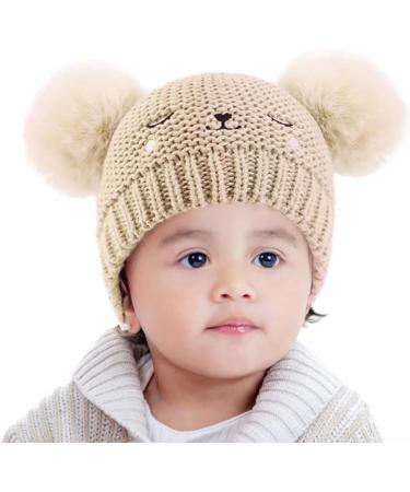XYIYI Baby Kids Winter Warm Knit Hat with Crochet Fur Pom Beanie Cap - Bear Khaki | 6-24 Months Boys Girls - Buy Online on GoSupps.com