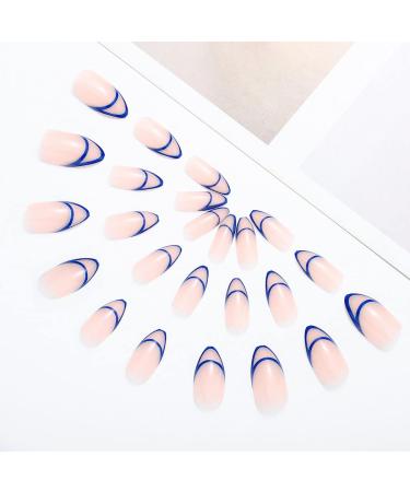 Glossy Almond Press on Nails Blue Line - 24Pcs Medium Oval Geometric French Tips for Women and Girls - Buy Online on GoSupps.com