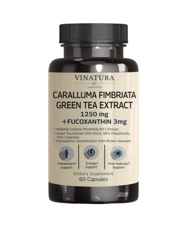VINATURA Caralluma Fimbriata EGCG 45% Extract 1250mg + Fucoxanthin 3mg *USA Made & Tested* for Immune Support Energy and Mental Focus - 60 Capsules