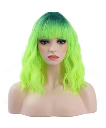 BERON 14 Ombre Green Wig - Short Curly Synthetic Wig with Bangs & Wig Cap - Buy Online on GoSupps.com