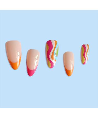 Justotry 24 Pcs Multicolour Swirl Oval False Nails - Trendy Short French Press On Nails with Nail Glue - Almond Stick On Nails for Women's Nail Art - Buy Online on GoSupps.com