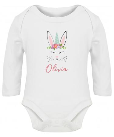 Hippowarehouse PERSONALISED unicorn Bunny Easter baby vest bodysuit (long sleeve) boys girls
