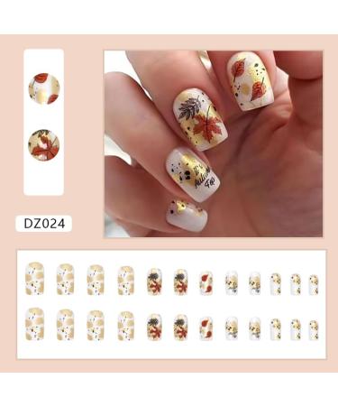 Fall Press On Nails - Short Square Acrylic with Leaf Design | Thanksgiving Stick-On Nails for Women & Girls - Buy Online on GoSupps.com