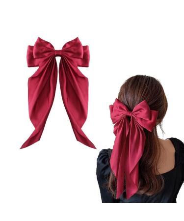 Thick Hair Clips Barrette Hairpin Silky Grosgrain Ribbon Hair Bow Tie Large Hair Clip Red Hair Accessories (Red) burgundy