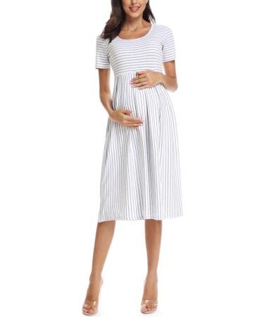 Love2Mi Short-Sleeve Maternity Dress XL - White Grey Stripe | Casual A-Line Midi Pregnant Dress - Buy Online on GoSupps.com