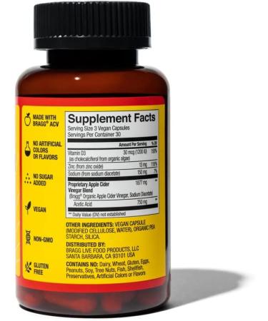 Bragg Apple Cider Vinegar Capsules with Vitamin D3 & Zinc - 750mg Acetic Acid - Immune & Weight Support - Non-GMO, Vegan, Gluten Free - No Sugar - Buy Online on GoSupps.com