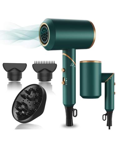 Hair Dryer,1800W Professional Ionic Hair Dryer with Diffuser and Nozzles, Powerful Blow Dryer for Fast Drying,Compact & Lightweight Travel Portable Hair Dryer for Women Green
