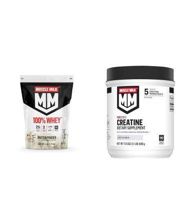 Muscle Milk 100% Whey Protein Powder Vanilla 5 Pound 68 Servings & Pro Series Creatine Powder Unflavored 1.1 Pound 100 Servings