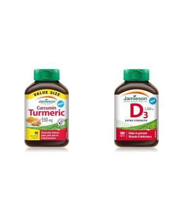 Jamieson Turmeric Curcumin 90 count - Value Size & Vitamin D 2500IU NEW 180 Tablets