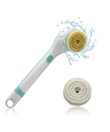 BEWEBEME Electric Shower Body Brush - Waterproof 2 in 1 Long Handle Bath Brush for Body Cleaning Exfoliating SPA Massage with 2 Replacement Brush Heads (Battery Excluded) Blue