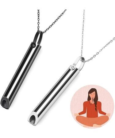 Fohyloy 2 pieces of smoke cessation necklace anxiety necklace breathing necklace meditation of the breathtalks calming panic slowdown of breath with spinning rings (Black+Silver)