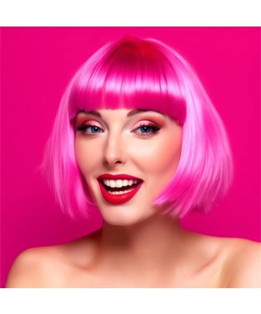 LIULIUBTY Short Bob Neon Wig with Flat Bangs - 14 Synthetic Colorful Cosplay Daily Party Hair + Free Wig Cap - Pink - Buy Online on GoSupps.com