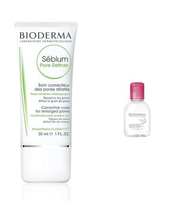 Bundle of Bioderma - S bium - Pore Refiner Cream - Corrective Care for enlarged pores - For Combination to Oily Skin + Sensibio - H2O Micellar Water - Makeup Remover - Face Cleanser for Sensitive Skin