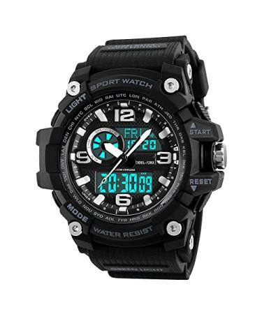 Men's Analog-Digital Yapeach Sports Watch 50M Waterproof Military LED Screen Large Face Stopwatch Alarm black/ black