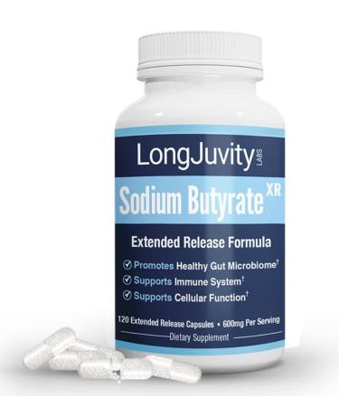LongJuvity Sodium Butyrate Supplement (300mg) - Optimal Gut Health for Men & Women - Digestion Support & Leaky Gut Repair - Postbiotic Short Chain Fatty Acid Lab Tested (120 Extended Release Caps)