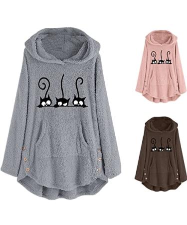 Angxiwan Women's Fleece Hoodies Plus Size Fuzzy Cute Cat Hooded Sweatshirts Loose fit Pullover Tops with Pocket S-5XL #Grey Medium