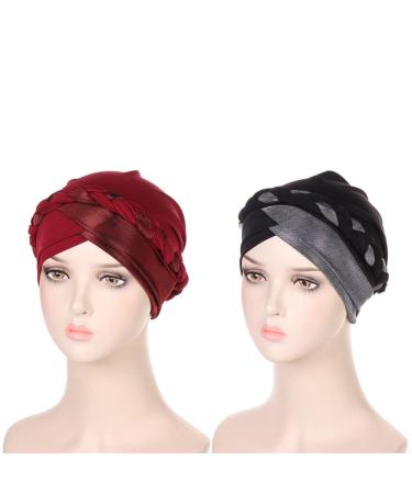 2pcs Adjustable Sleeping Cap for Women Solid Color Braid Head Wrap Turban Hat Stay All Night for Curly Hair