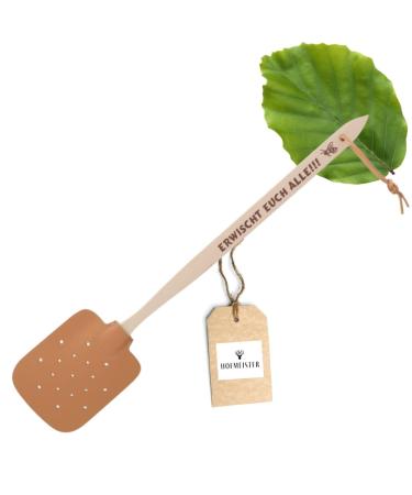 Hofmeister fly clapping made of wood and leather with saying: get all!Stable flyer for effective insect defense will all get you !!!1