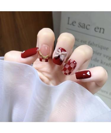 French Tip Press on Nails - Short Circular Press On Nails with Nail TipsRed and gold checkerboard Glitter Rhinestones Design French Bow press on nails Acrylic False Nails Cute Artificial Nails