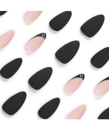 Matte Black Press on Nails - Short Medium French Tip with Gold Line Design | Acrylic Gel Stick On Nails for Weddings & Birthdays | LPP687 - Buy Online on GoSupps.com