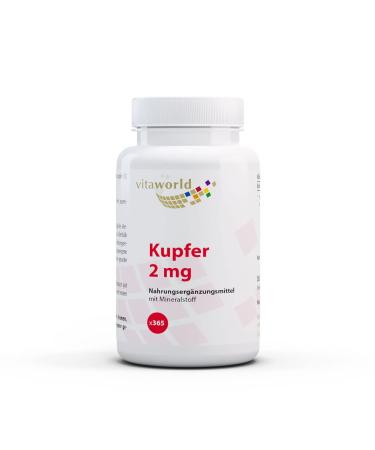 Vita World Copper 2mg 365 Tablets Vegan High Bioavailability Made in Germany with Analysis Certificate