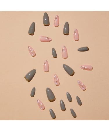 Almond Press on Nails Medium with Flower Glitter Designs - Pink/Gray False Nails - 24Pcs - Buy Online on GoSupps.com