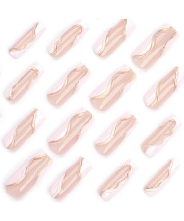 French Tip Press on Nails - Long Press On Nails with Nail Tips Golden wave stripes Design Glossy pink press on nails Acrylic False Nails Cute Artificial Nails - Buy Online on GoSupps.com